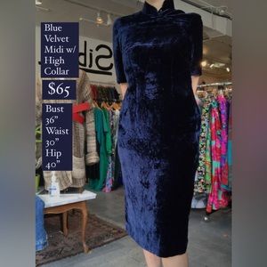 Blue Velvet Midi Dress with High Collar